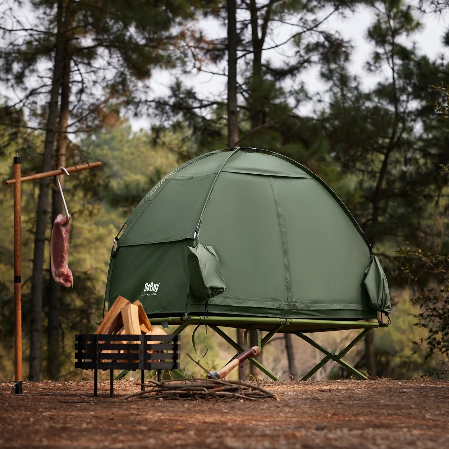 SoBuy OGS32-II-GR Campingtent 1-Persoons Donkergroen – 2-in-1 met Lamphaak en Schoenenopbergvakken 193×161 cm