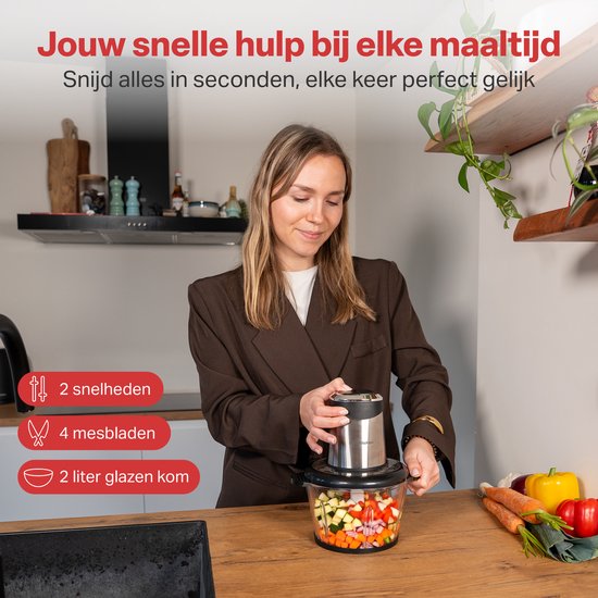 AoraKitchen Hakmolen Electrisch - 2L Glazen Kom - BPA-Vrij - 400W - 2 Snelheden - RVS - Elektrische Hakmolen - Food Chopper