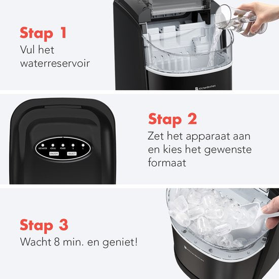 KitchenBrothers IJsblokjesmachine - 1.6L - 8 min. - 12kg/24u - Zelfreinigingsfunctie - IJsblokmaker met IJsschep - Zwart