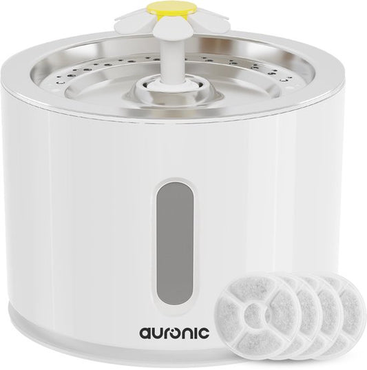 Auronic Drinkfontein voor Kat - Katten en Honden - Stille 2,4L Waterfontein met 4 Filters en 2 Borstels - Waterbak - Drinkbak - Wit