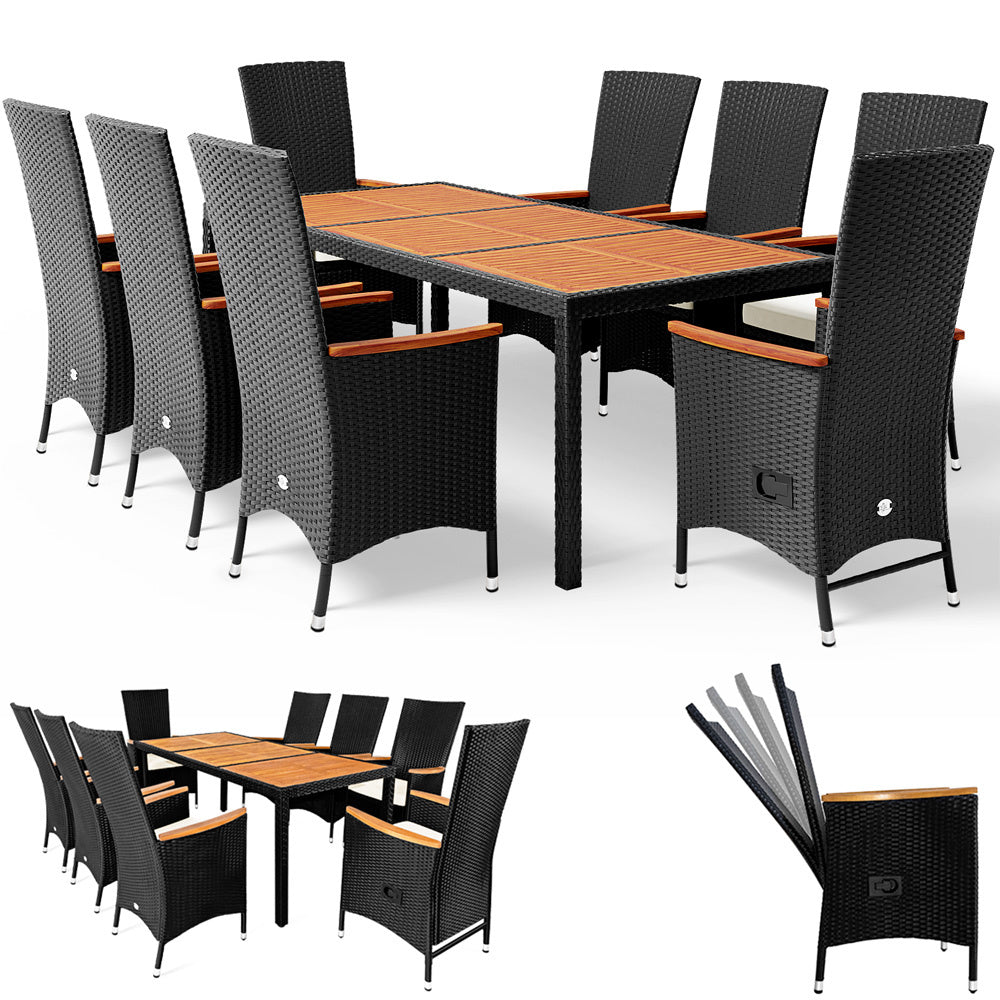 Casaria Polyrattan Tuinset - 8 Stoelen 1Tafel incl. Kussens - Zwart