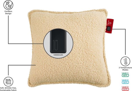 Feel Home - Verwarmend Kussen - Teddy - Gebroken wit 45x45cm - met 10000mAh Power bank