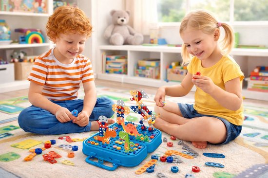 Eddy Toys Bouwset met Bouwdoos incl Speelgoed Boormachine - Constructiespeelgoed met 298 Onderdelen - Dinosaurus Speelgoed - Montessori Speelgoed Insteek Mozaiek - Educatief Speelgoed