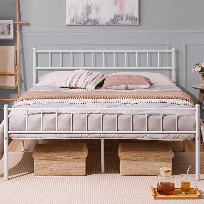 Yaheetech Metalen Bed 160 x 200 cm – Wit – 200 x 166 x 88,5 cm – Met Hoofd- en Voetbord