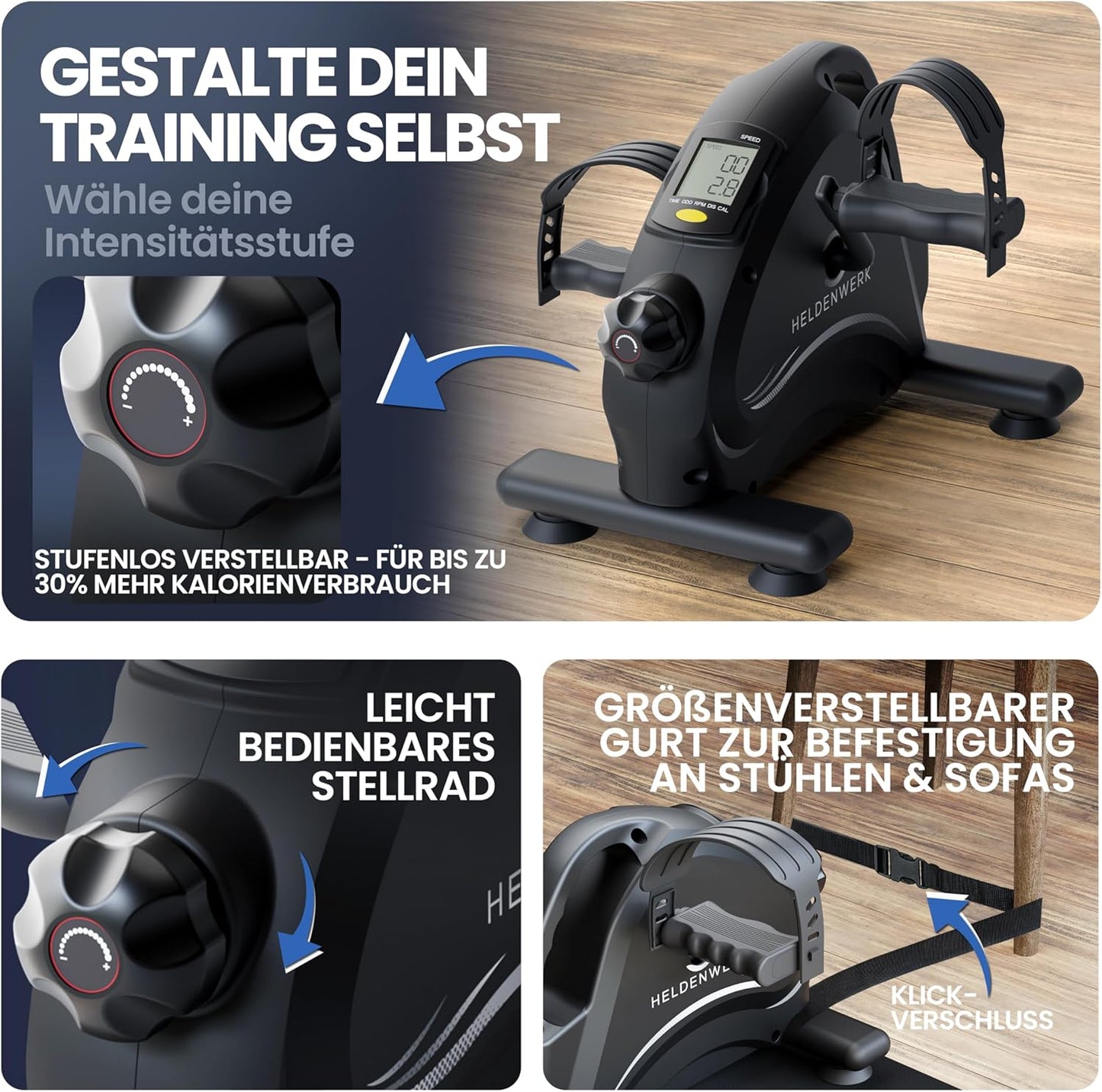 Heldenwerk Stoelfiets - Pedaaltrainer - Compact - 44x40x30cm - Zwart - Incl. Antislip mat & Calorie teller