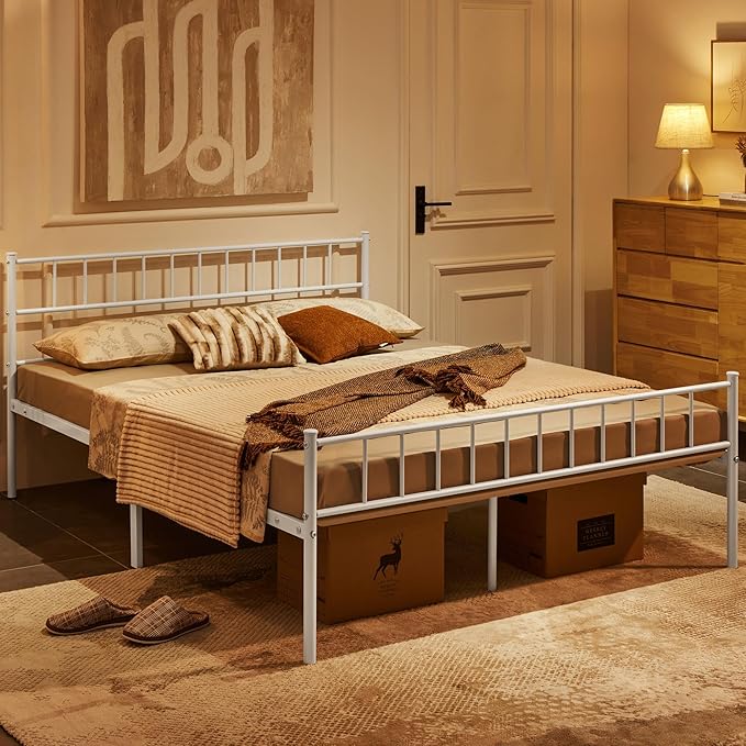 Yaheetech Metalen Bed 160 x 200 cm – Wit – 200 x 166 x 88,5 cm – Met Hoofd- en Voetbord