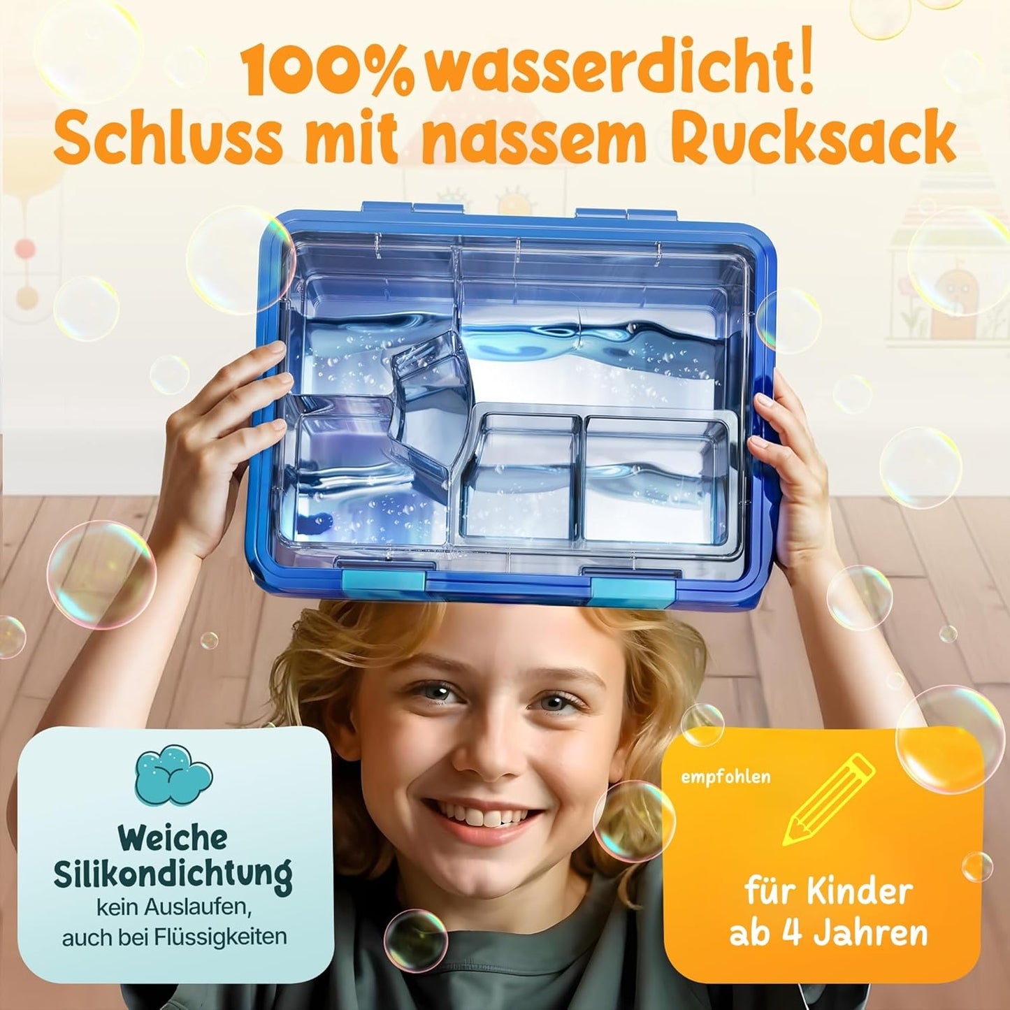 Funkelfuchs® - Lunchbox kinderen met vakverdeling - 800ml, blauw - Lunchbox maanlicht, groot - Snackbox, snackbox, broodtrommel, maaltijdbox, bentobox kinderen - voor school, crèche en kinderdagverblijf
