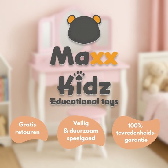 Maxx Kidz Kaptafel Kind met Spiegel - Roze Houten Kinder Make Up Tafel met Krukje - Schminktafel voor Kinderen - Meisjes Speelgoed vanaf 3 jaar