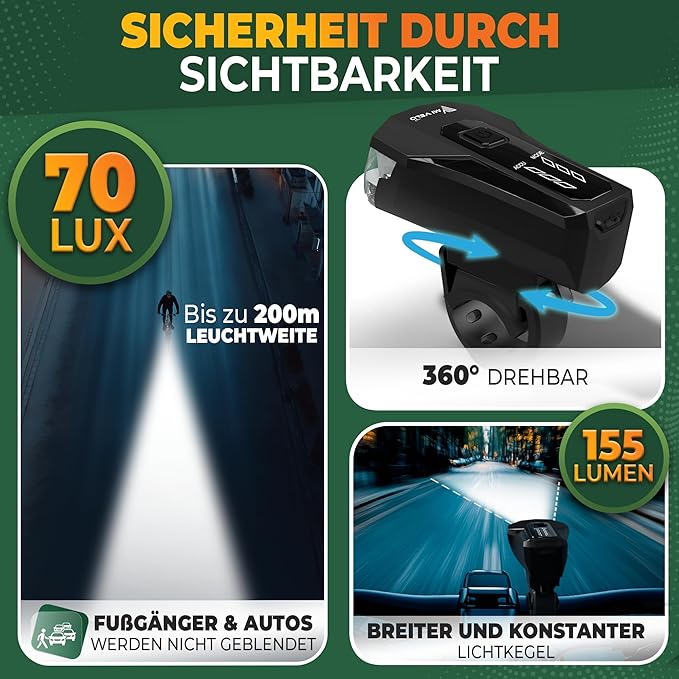 MIVELO Fietsverlichting Set – USB Oplaadbaar & Waterdicht – 70 Lux – Zwart
