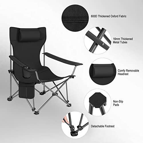 Woltu Vouwstoel Set van 2 - Lichtgewicht Campingstoel met Uittrekbare Voetensteun en Afneembare Hoofdsteun - Zwart - 115x84x88,5 cm