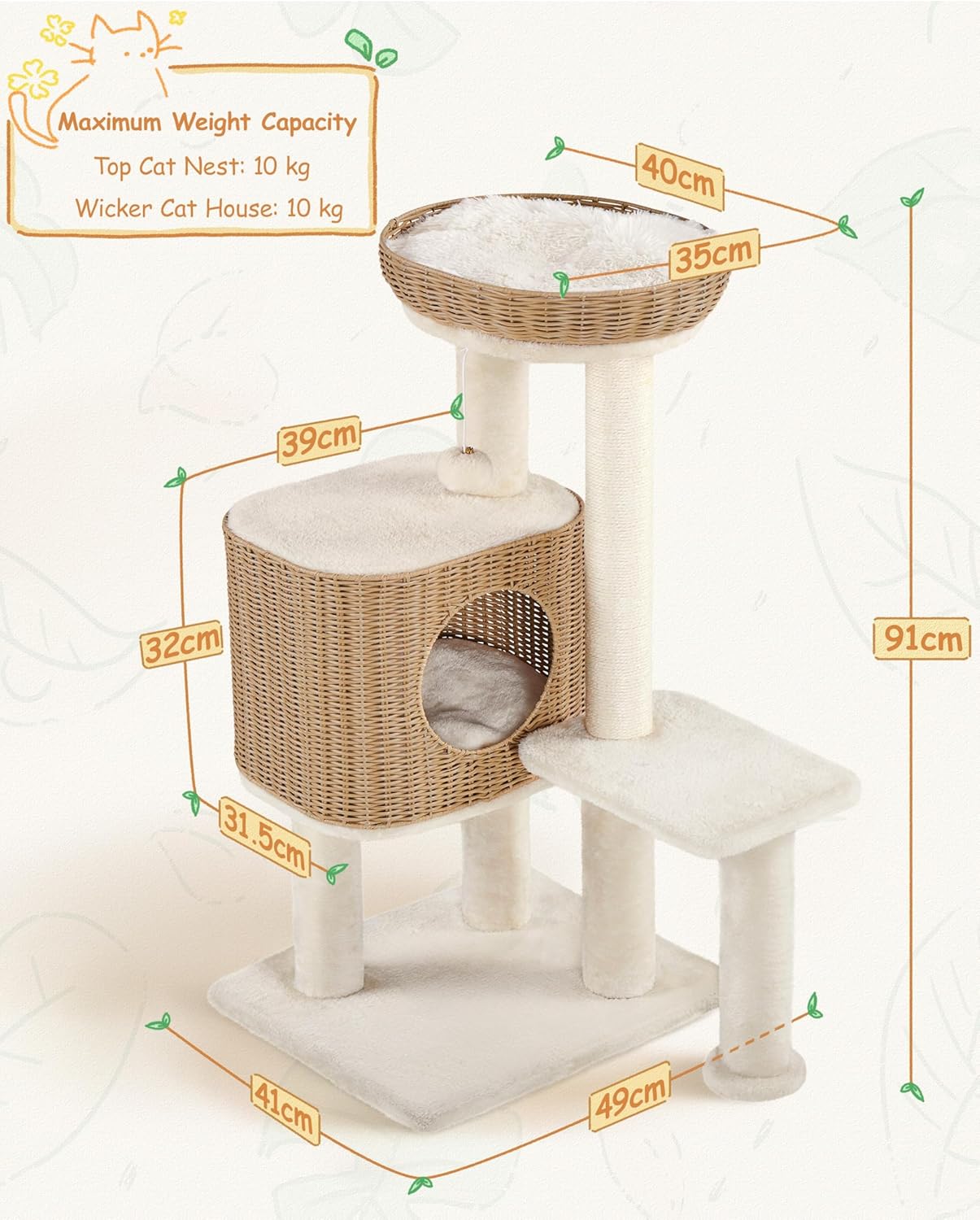 Yaheetech Krabpaal Met Rotan Kattenhuis – 49 x 41 x 91 cm – Voorzien Van Luxe Kattenmand En Sisal Krabpalen En Zachte Uitneembare Matten – Voor Kittens En Volwassen Katten – Beige Rotan En Pluche