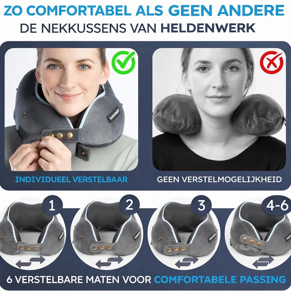 HELDENWERK – Reiskussen Met Capuchon – 24 x 14 x 27 cm & Verstelbaar – Voorzien Van Traagschuim En Afneembare Fluwelen Hoes – Voor Vliegtuig En Auto – Lichtgrijs Polyester