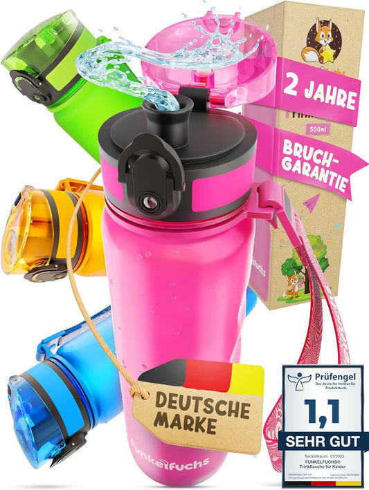 Funkelfuchs®- drinkfles voor kinderen - 500ml, roze - koolzuurhoudend - 100% lekvrij - waterfles vaatwasmachinebestendig - voor kleuterschool, schoolinschrijving, school, sport