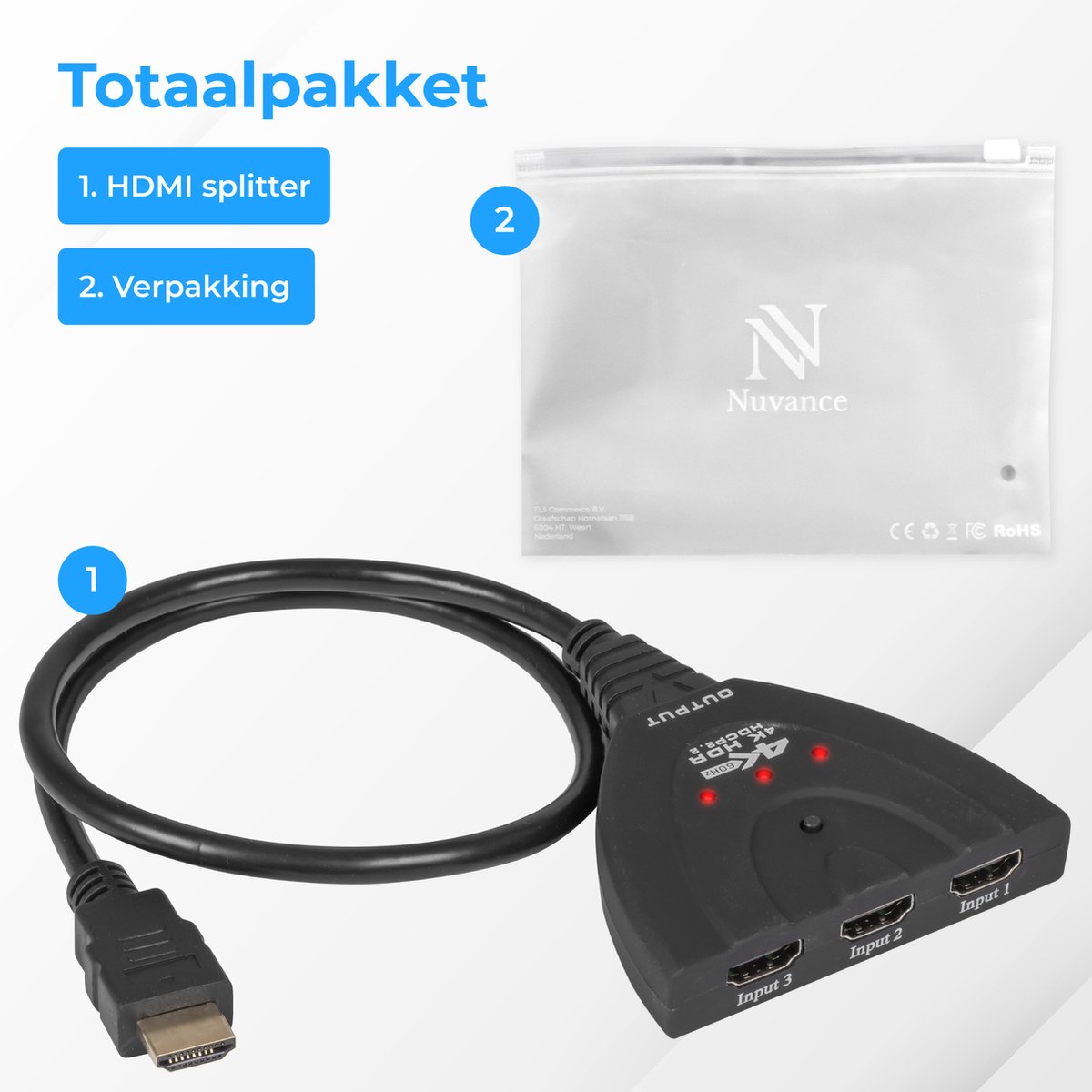 Nuvance HDMI Switch – 3 Ingangen, 4K 60Hz Ondersteuning – 60 cm – Zwart