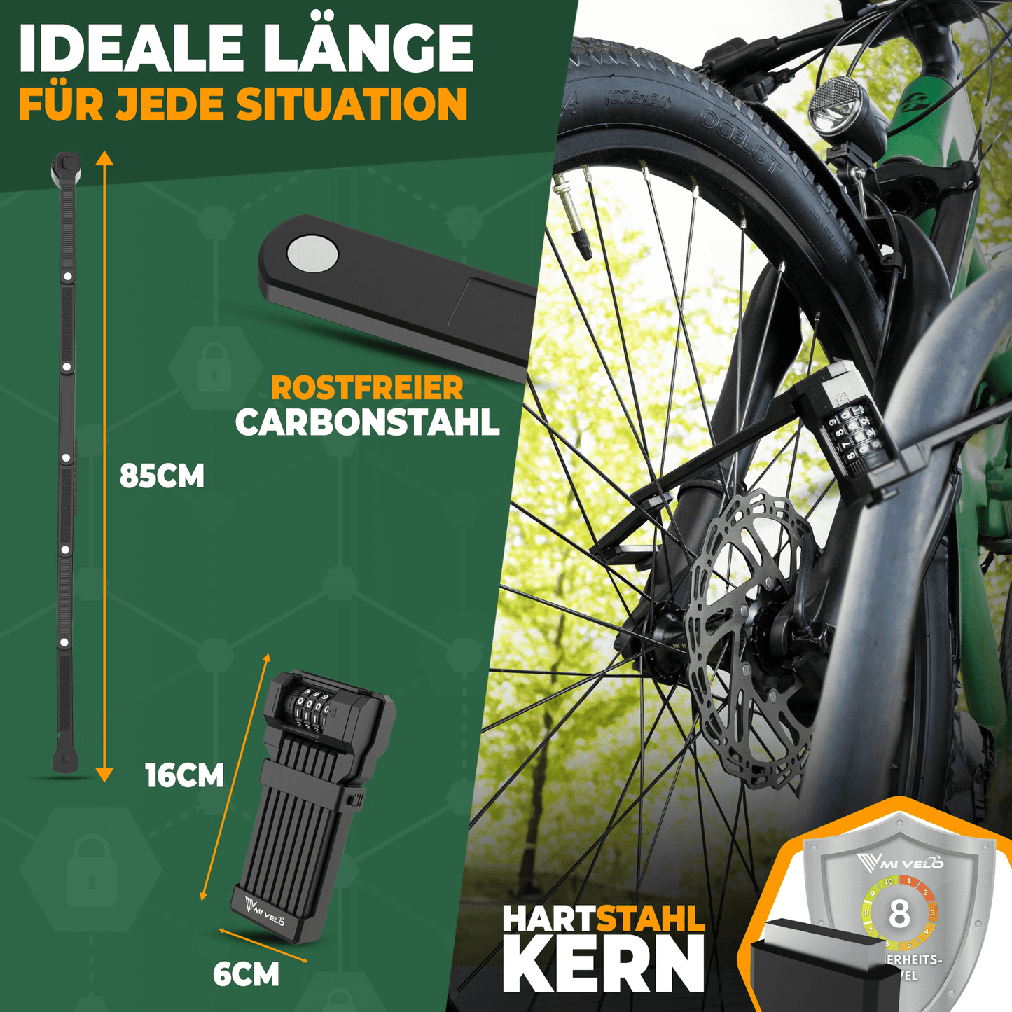 MIVELO - Vouwslot Met Combinatiecode - 85 cm Lang - Beveiligingsniveau 08/10 - Koolstofstaal - Zwart