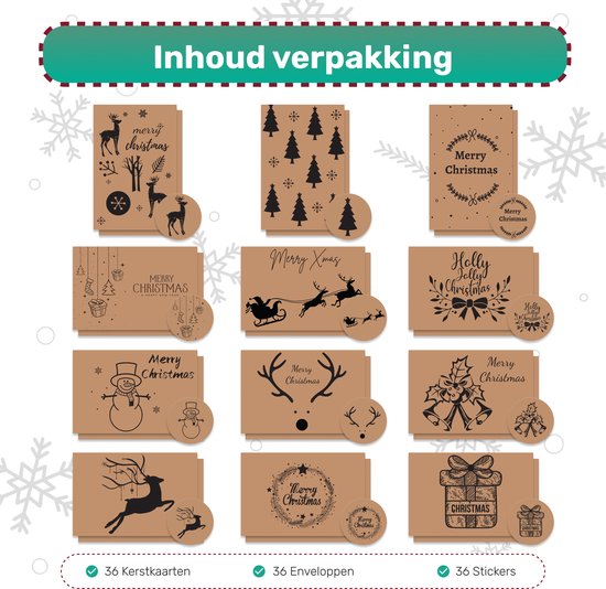 Giftmas - Kerstkaarten - Wenskaarten - 36 stuks - Met enveloppen en stickers - 10x15cm - Bruin