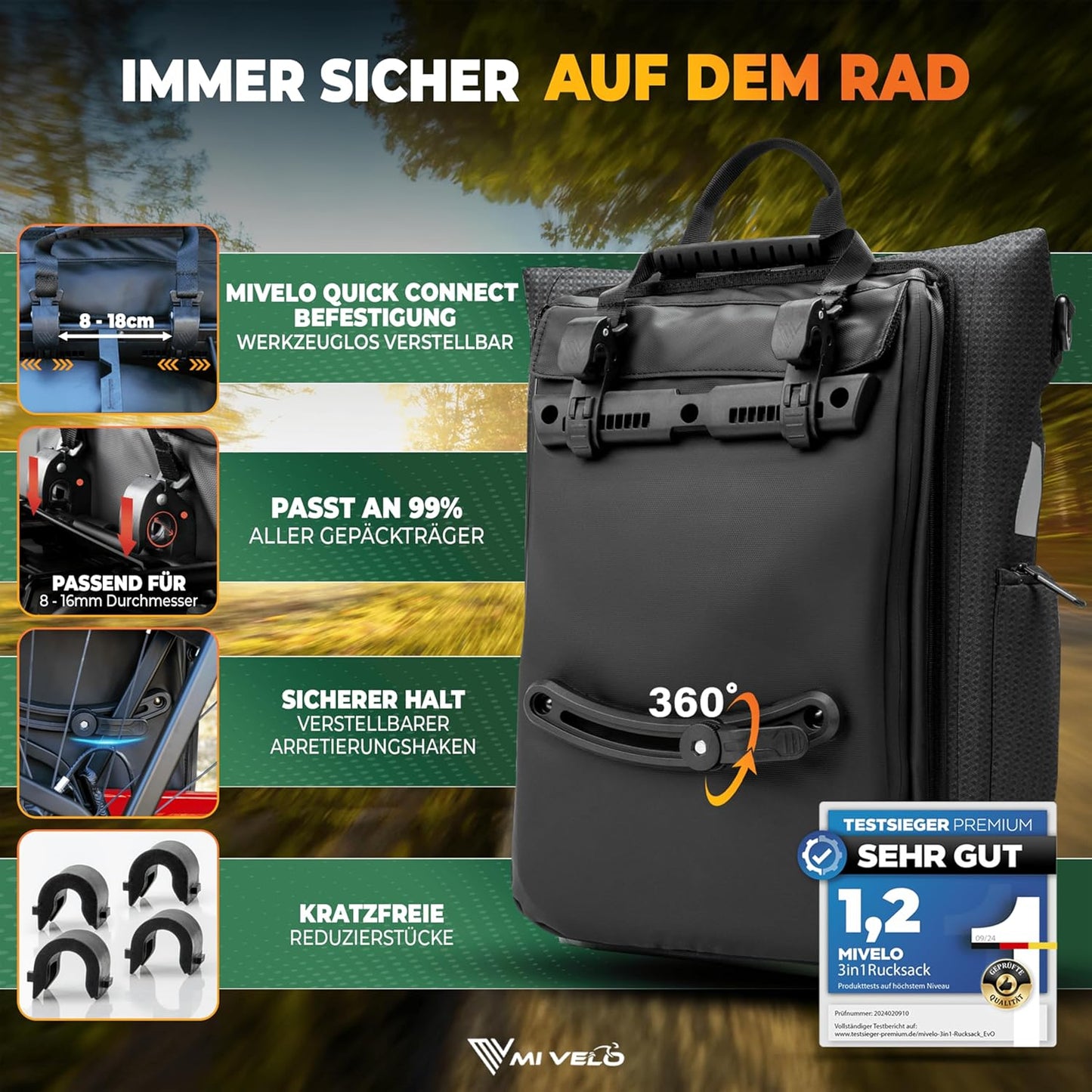 MIVELO 3-in-1 Waterdichte Fietstas, Rugzak en Schoudertas – 25L, Zwart Reflecterend – Met Laptopvak & Snelle Ombouwfunctie