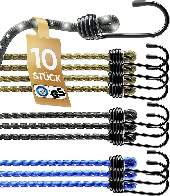 Heldenwerk Set van 10 rubberen spanbanden met haken – TÜV/GS-getest, elastisch, 30-100 cm, voor transport, camping en veiligheid