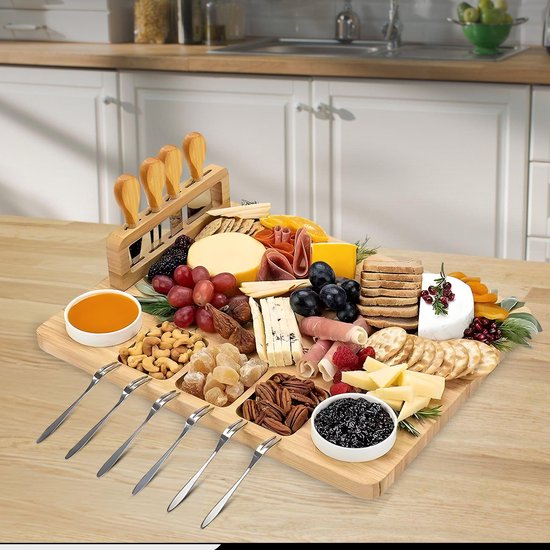 Kicinn Borrelplank - Tapasplank - Kaasplank - Serveerplank - Borrelplank Hout - Incl. Kaasmesjes, Vorkjes, schaaltjes en extra Serveerplank – Bamboe