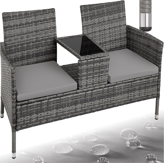 tectake® - wicker tuinbank met tafel, 2-zitsbank, 131 x 61 x 82 cm, bank voor tuinbalkon en terras, tuinbank inclusief zitkussen - grijs/lichtgrijs - poly-rattan