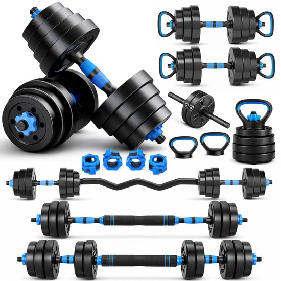 Sportfloww Dumbbells 28.5 KG – Halterset - Gewichten Set met Kettlebell, Barbell, EZ curl bar & AB roller – Verstelbare dumbells