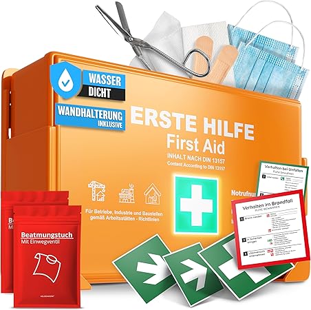 HELDENWERK Eerste hulp doos versie 2026 [DIN 13157:2021] incl. wandhouder & 5 x stickers | EHBO-koffer voor kantoor, huishouden en horeca - bedrijf verbanddoos gevuld, saniteitskast