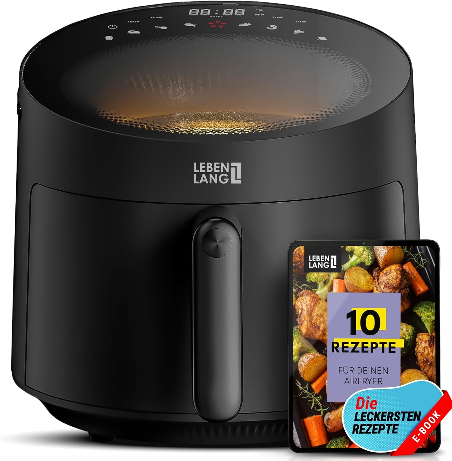 LEBENLANG Airfryer 5L & 1500W - 8 Programma's - Inclusief receptenboek - 45 x 30 x 27 cm - Zwart