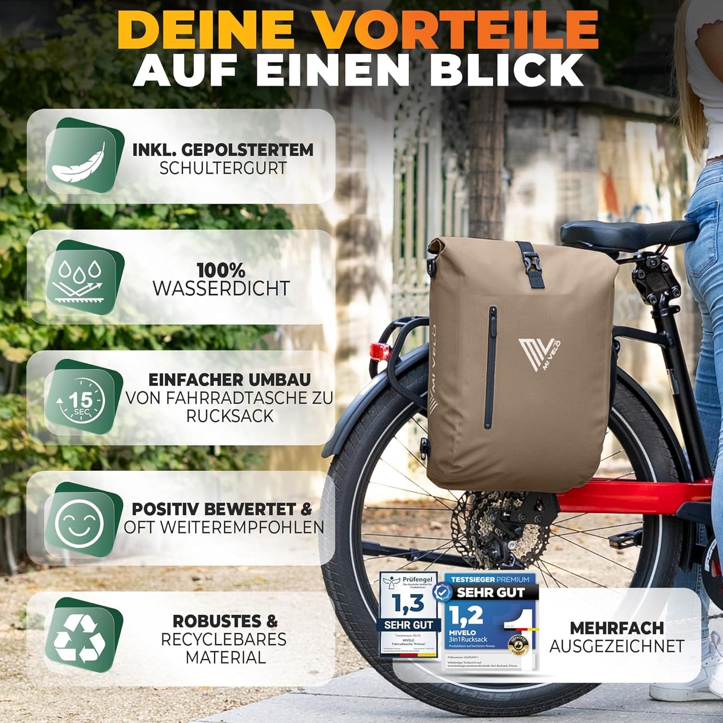MIVELO 3-in-1 Waterdichte Fietstas met Laptopvak en Slot - PVC-vrij - Zandbeige - 20 L