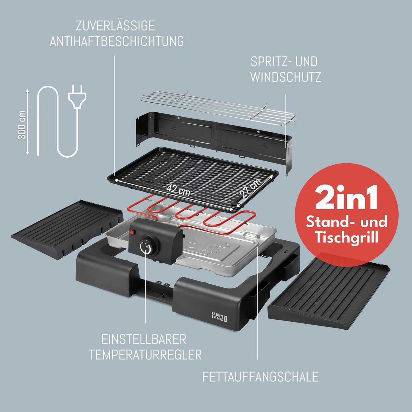 Lebenlang 2-in-1 Elektrische Grill – Tafel- en Staande Grill – 2000W – Voor Binnen en Buiten – Inclusief Grilltang – Anti-aanbaklaag