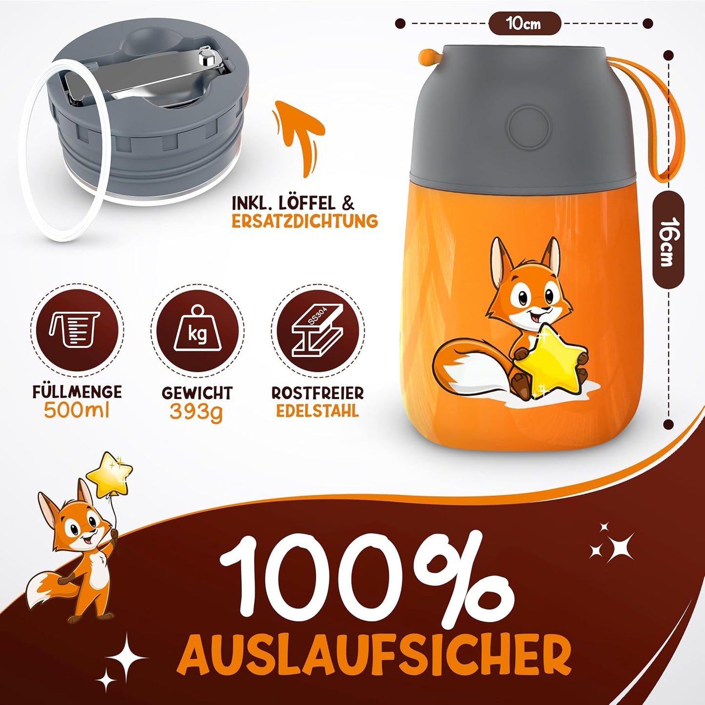Funkelfuchs thermoskan voor Kinderen - 100% Lekvrij - 500ml - Oranje