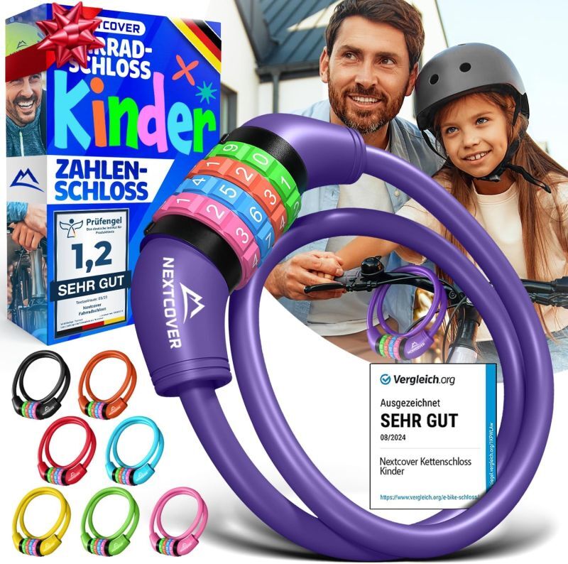 NEXTCOVER® Kinderfietsslot met 4-cijferige cijfercode - Kinderfietsslot - Ideaal voor scooters, fietsen & meer - Combinatieslot fiets met kleurrijke cijfers - Scooterslot Extra robuust & veilig
