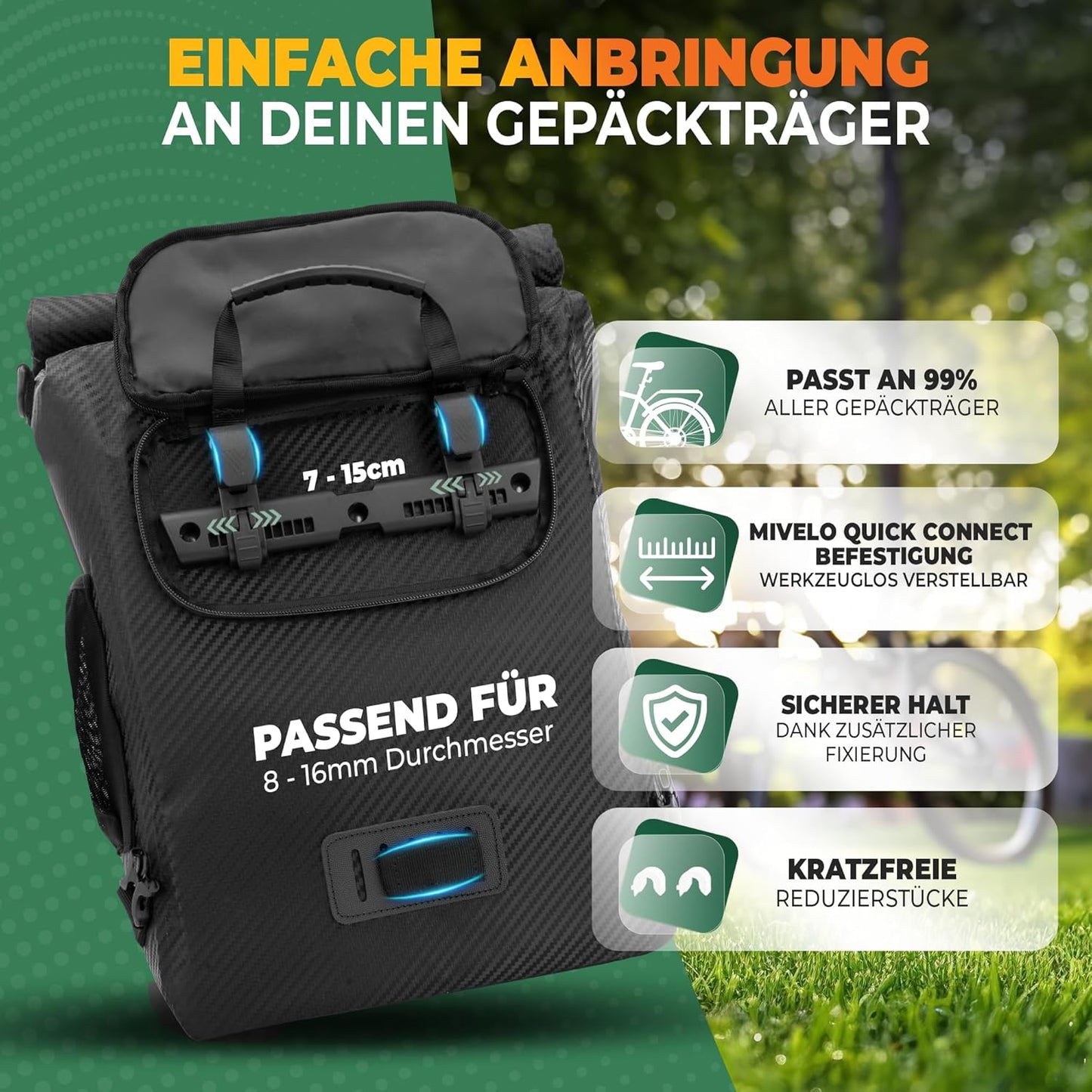 MIVELO PRIMUS - 3-in-1 Waterdichte Fietstas met Laptopvak en Slot - Carbon - 20 L