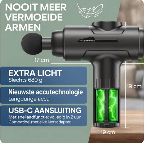 Heldenwerk Massagepistool - 6 massagekoppen - 30 snelheden - USB-C - Grijs