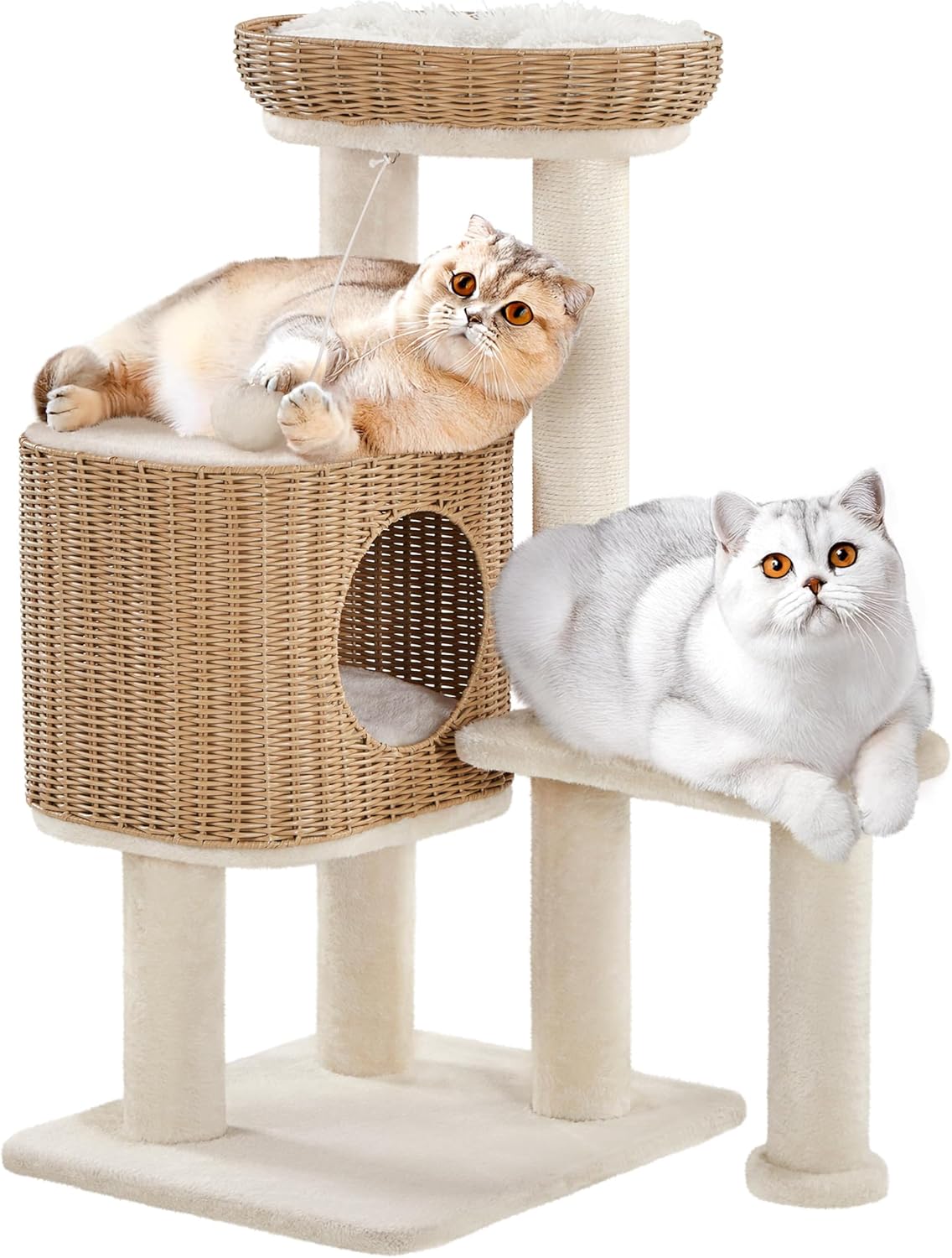 Yaheetech Krabpaal Met Rotan Kattenhuis – 49 x 41 x 91 cm – Voorzien Van Luxe Kattenmand En Sisal Krabpalen En Zachte Uitneembare Matten – Voor Kittens En Volwassen Katten – Beige Rotan En Pluche