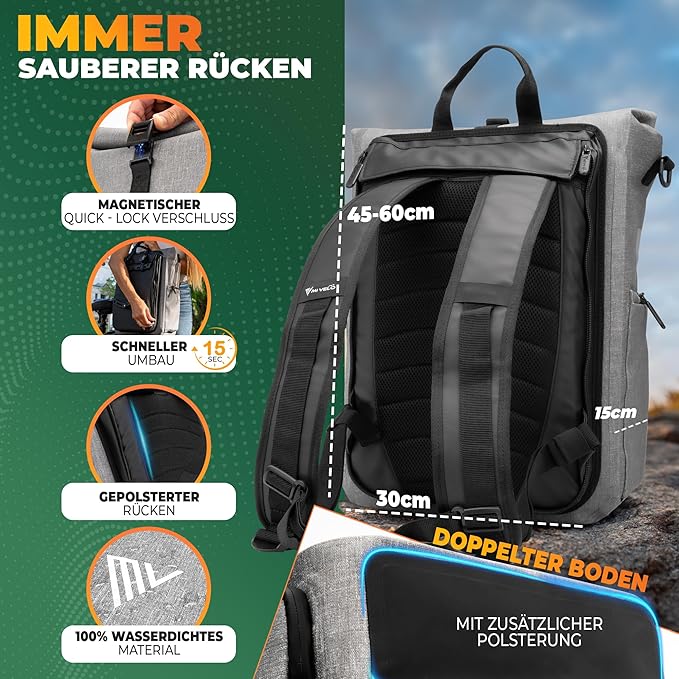 MIVELO - 3-in-1 Fietstas & Rugzak - 25 l Inhoud - TPU - Grijs - Met Laptopvak & Schouderband - Voor Bagagedrager