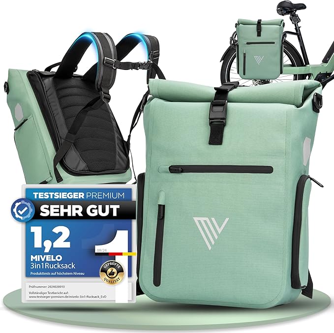MIVELO – Fietstas – 3-in-1 Rugzak & Schoudertas – Waterdicht TPU – 25 liter – Mint