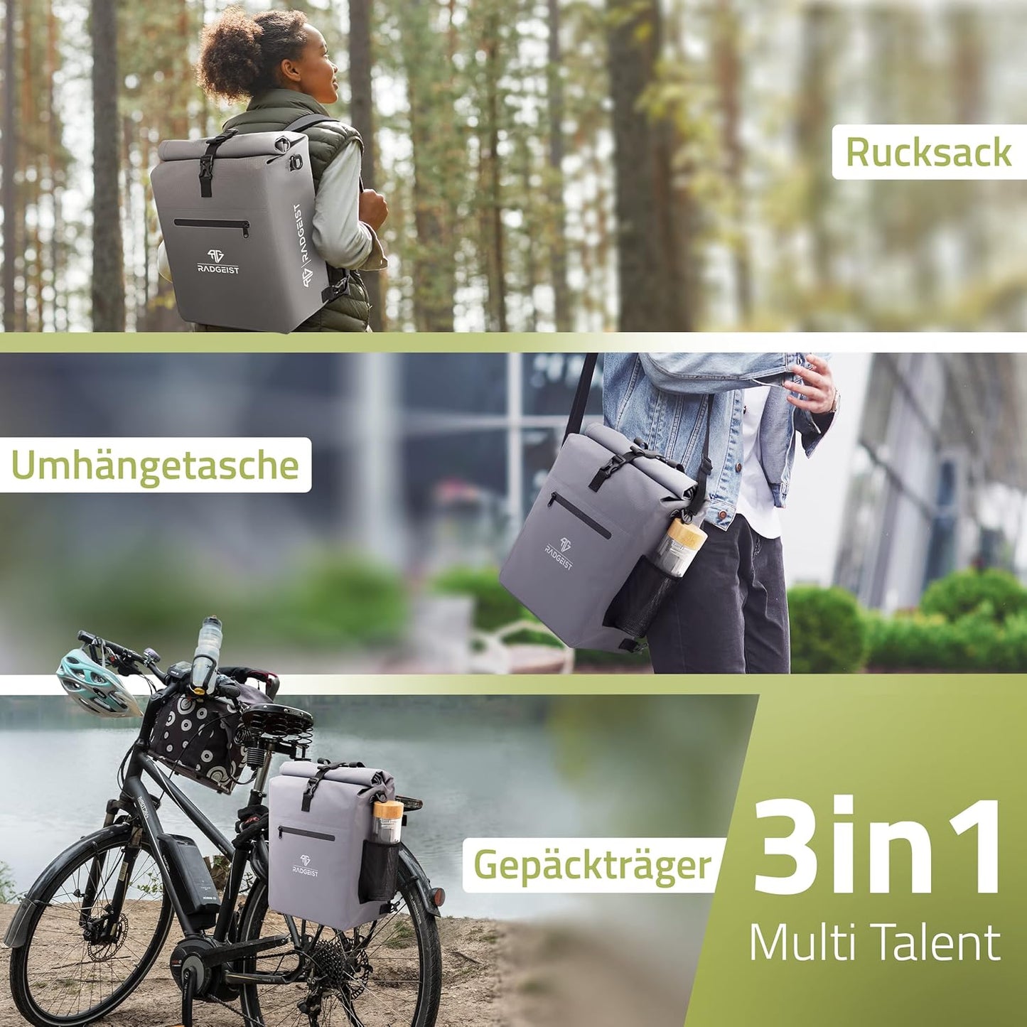 RADGEIST 3in1 fietstas voor bagagedrager - fietsrugzak - bagagedraagtas - schoudertas - met laptopvak - waterdicht - 25L - grijs