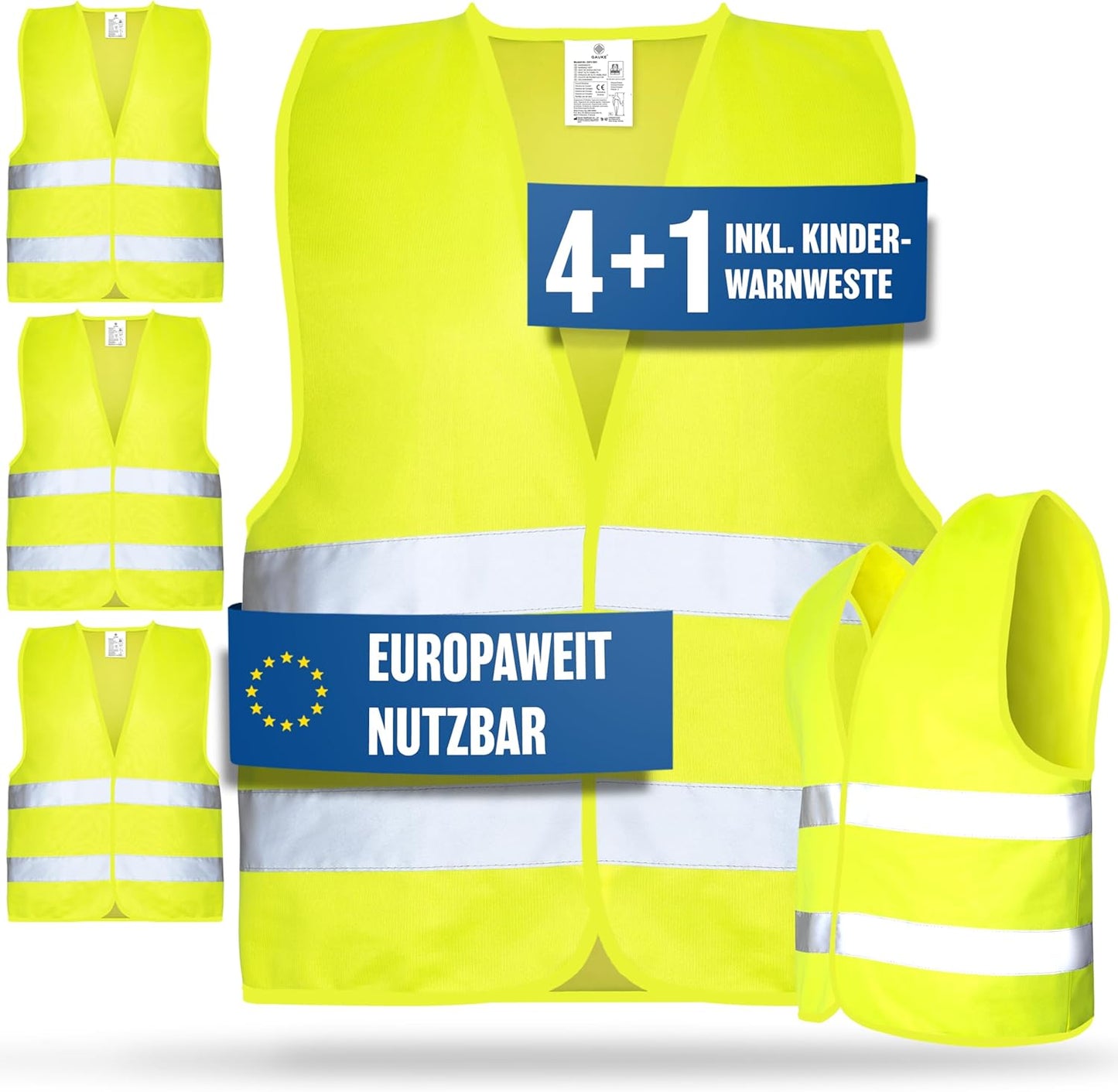 Heldenwerk veiligheidsvesten Auto – 5+1 Set – Inclusief Kindervest – Europees Goedgekeurd – Reflecterend – Geel