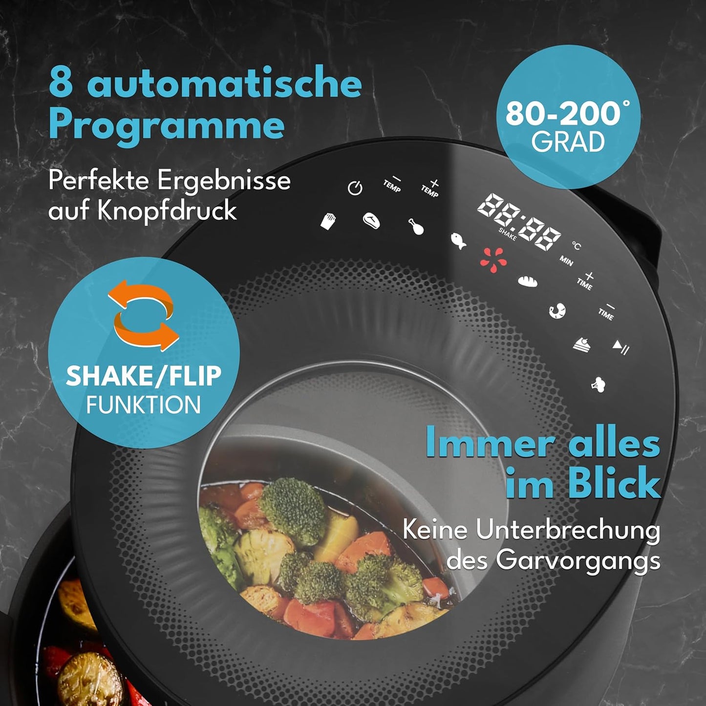 LEBENLANG Airfryer 5L & 1500W - 8 Programma's - Inclusief receptenboek - 45 x 30 x 27 cm - Zwart