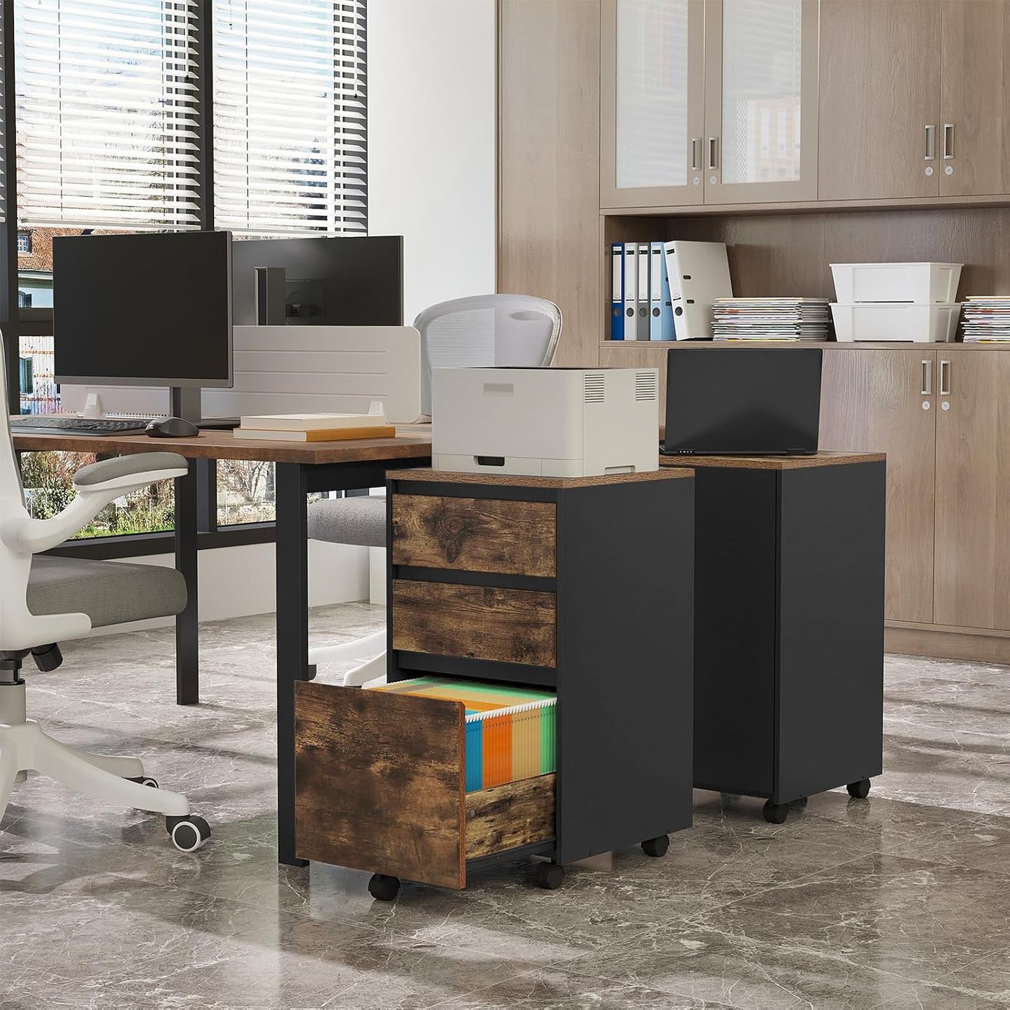 Woltu Mobiele Archiefkast – Rolcontainer met 3 Laden en Wielen – Industrieel Donker Eiken/Zwart – 40 x 40 x 70 cm