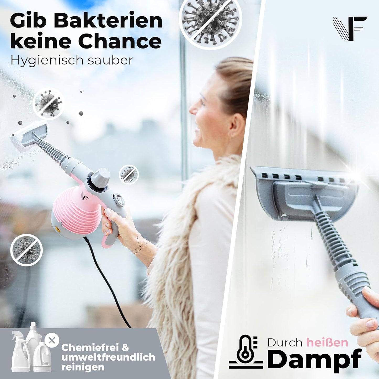 Neighbour's Friend Handdampfreiniger Rosa – Krachtige stoomreiniger met 350ml tank, stoomregulering & accessoires voor huis, ramen, meubels & meer