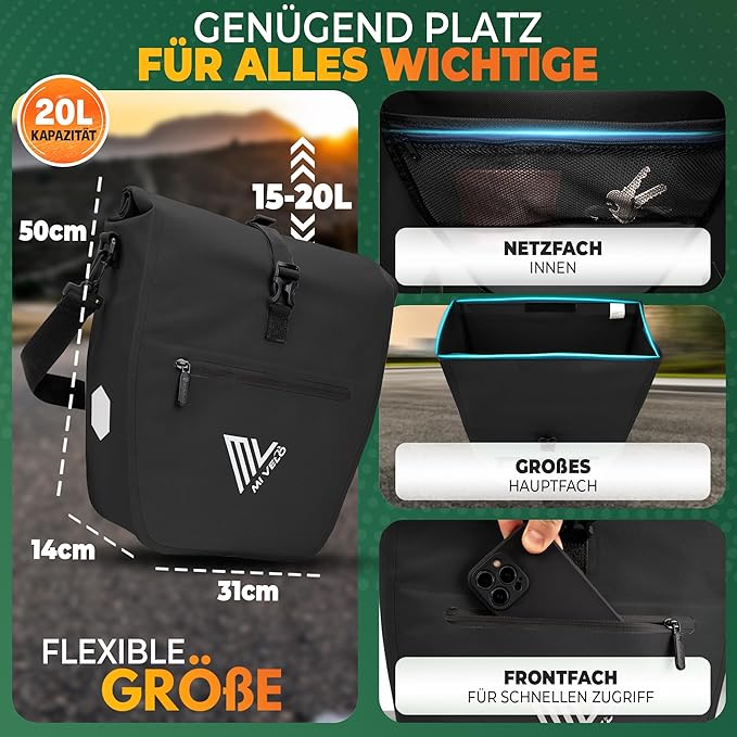 MIVELO Fietstas – Waterdicht & Incl. Laptopvak & Schouderband – 20 liter – Zwart