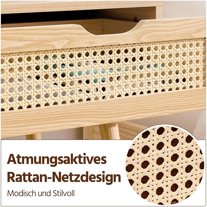Yaheetech Nachtkastje met Rotan Lade – Lichtbruin – 48,5 x 41 x 57,5 cm – Houten Poten