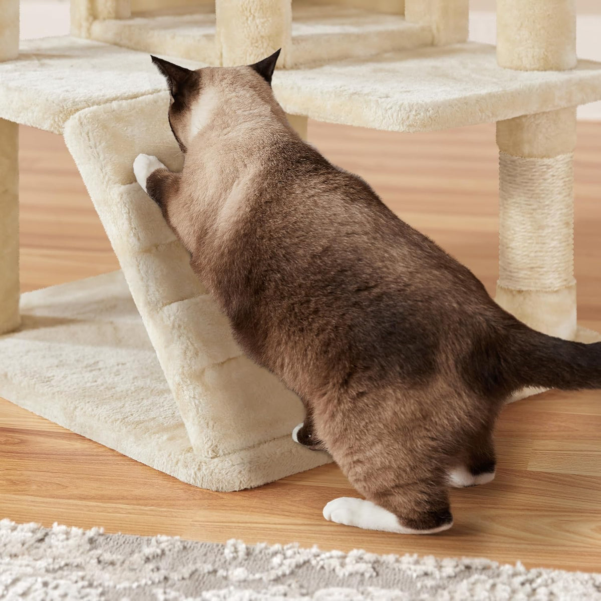 Yaheetech Kattenkrabpaal 137 cm - Beige - 49 x 49 x 137 cm - Met 2 Huisjes, 3 Plateaus en Sisal Speelballen