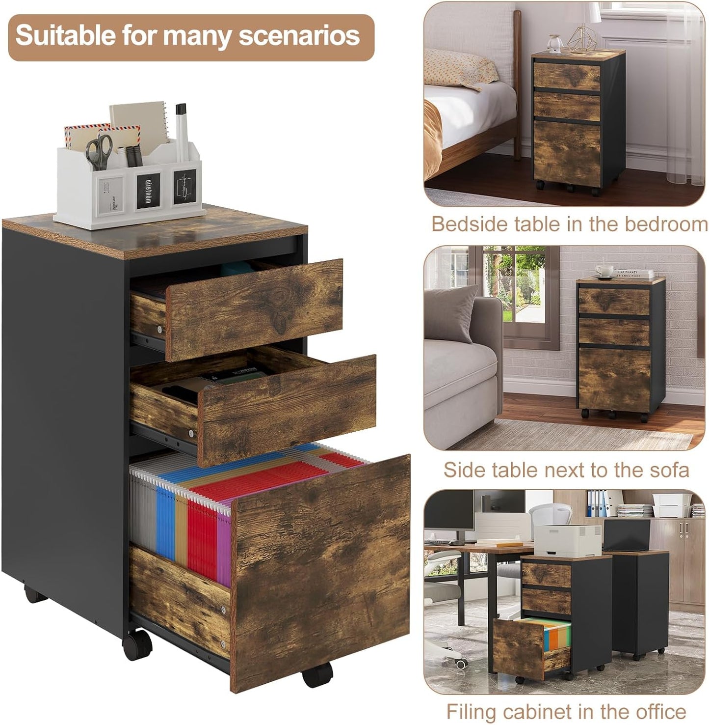 Woltu Mobiele Archiefkast – Rolcontainer met 3 Laden en Wielen – Industrieel Donker Eiken/Zwart – 40 x 40 x 70 cm