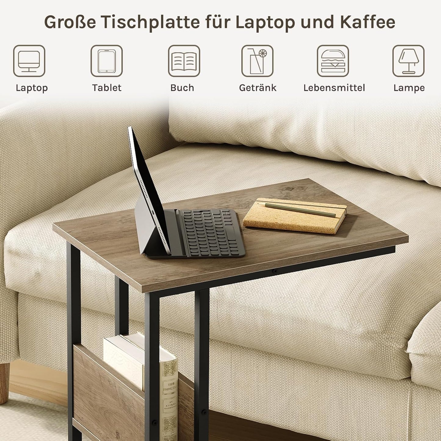 Woltu C-vormige Bijzettafel met Opbergrek - Grijze Houtlook - Metaal - 55 x 36 x 59,5 cm