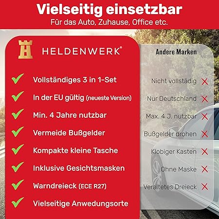Auto combitas (3 in 1) volgens de huidige norm 2026 - incl. gevarendriehoek, veiligheidsvest - verbanddoos gevarendriehoek set verbanddoos auto DIN 13164:2022 (conform het Duitse verkeer)