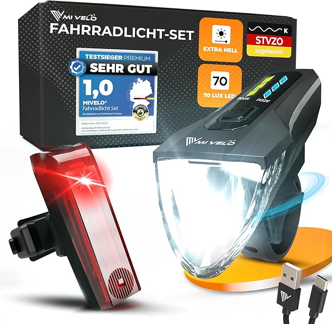 MIVELO Fietsverlichting Set – USB Oplaadbaar & Waterdicht – 70 Lux – Zwart