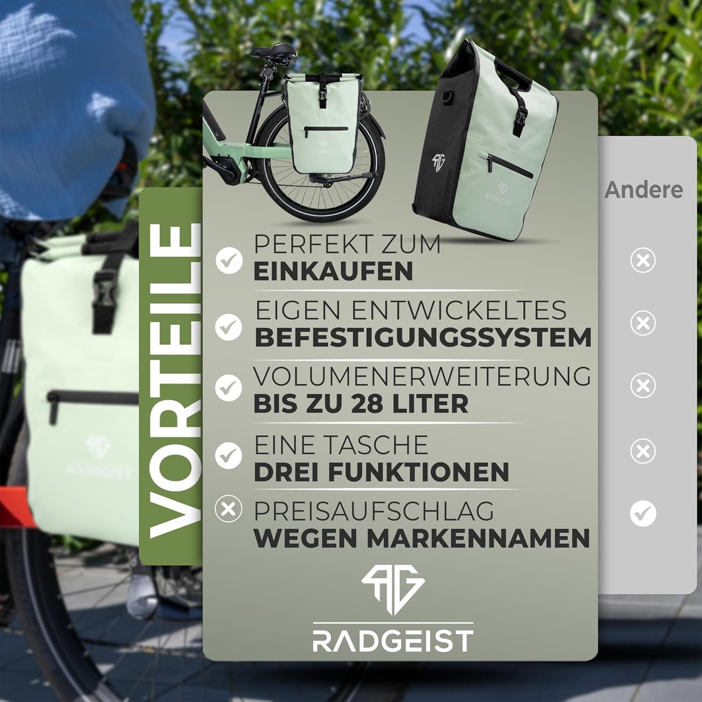 RADGEIST fietstas voor bagagedrager I fietstas shopper met uitneembare koeltas I boodschappentas & boodschappendraagtas 22-28 liter - groen