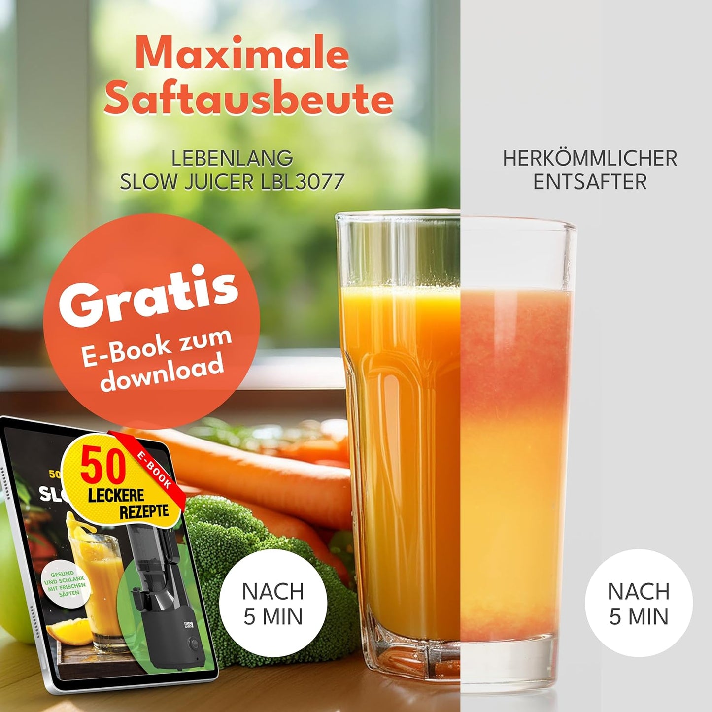 Lebenlang Slow Juicer sapcentrifuge - Incl. 2 Sapbekers - 250 W - BPA-vrij - Zwart - 38 x 34 x 20 cm